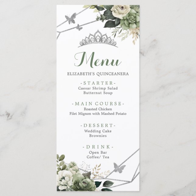 Sage Green Floral Princess Quinceañera 15th Menu (Front)