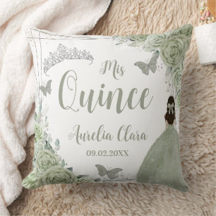 Sage Green Floral Princess Silver 15 Quinceañera  Cushion
