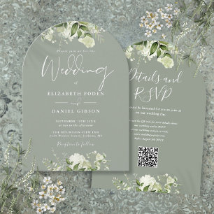 Sage Green Floral QR Code Wedding Arch Invitation