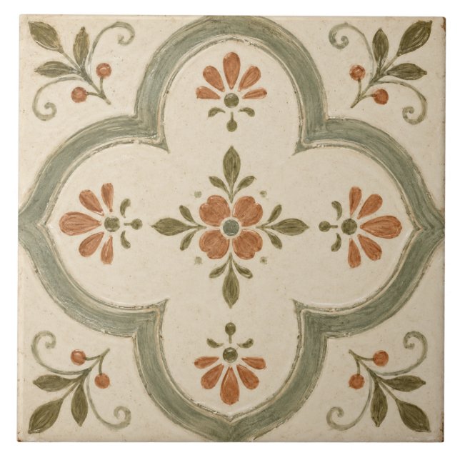 Sage Green Floral Quatrefoil Mediterranean Tile (Front)