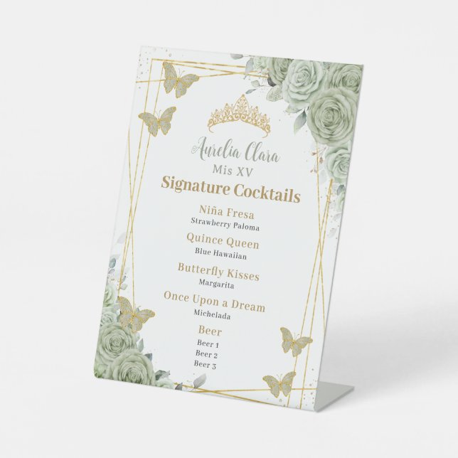 Sage Green Floral Quinceanera Bar Cocktail Menu Pedestal Sign (Front)