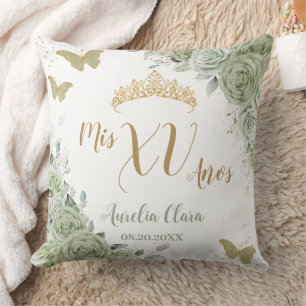 Sage Green Floral Quinceanera Birthday Butterflies Cushion