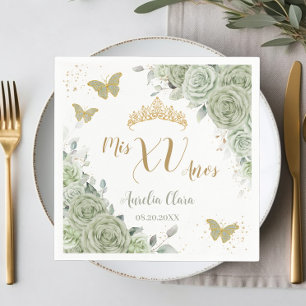 Sage Green Floral Quinceanera Birthday Butterflies Napkin