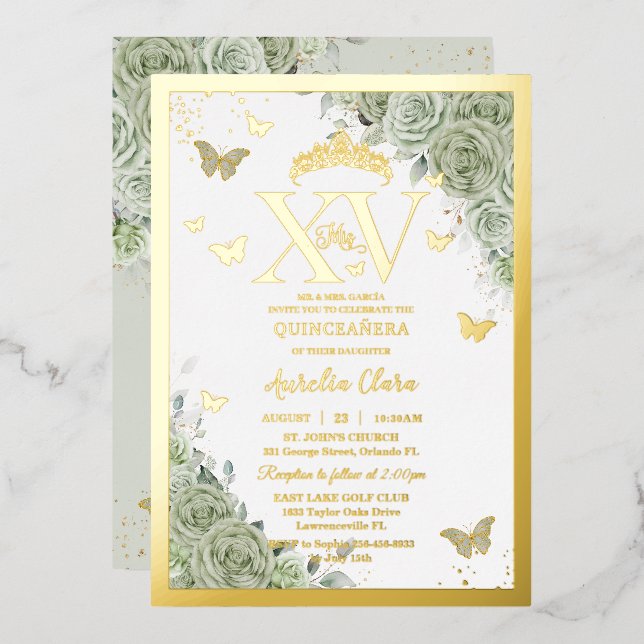 Sage Green Floral Quinceañera Butterflies XV Gold (Front/Back)