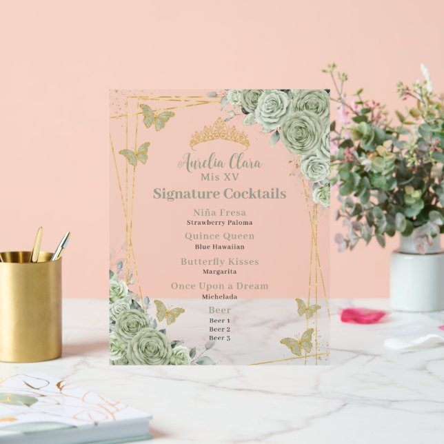 Sage Green Floral Quinceanera Cocktails Bar Menu Acrylic Sign (Wedding)