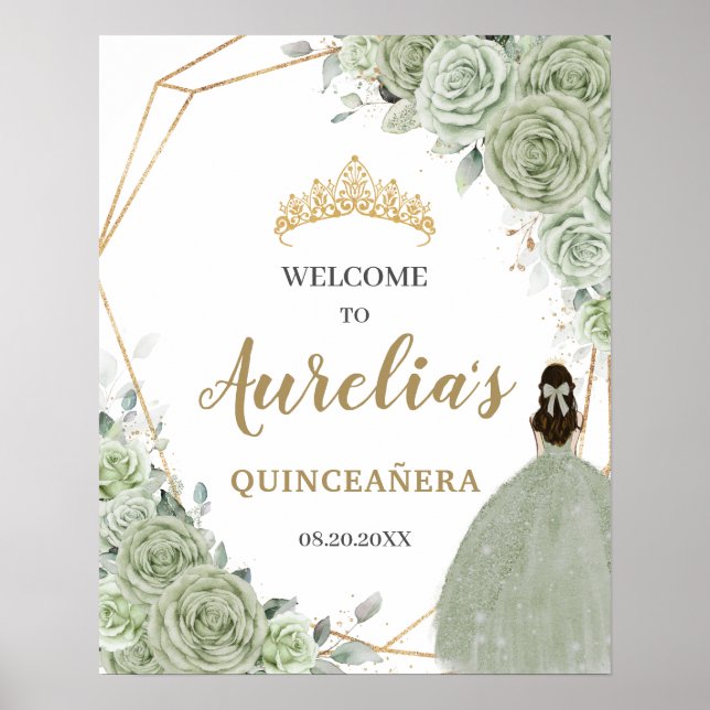 Sage Green Floral Quinceañera Geometric Welcome Poster (Front)