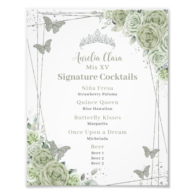 Sage Green Floral Quinceanera Signature Cocktails  Photo Print (Front)