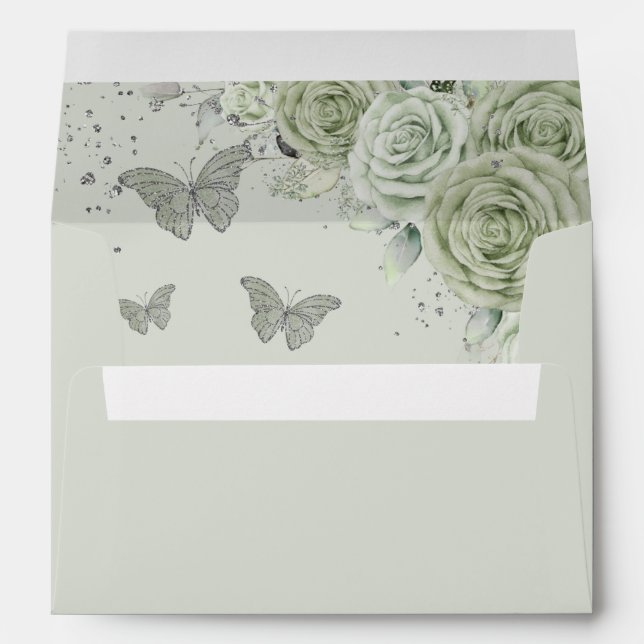  Sage Green Floral Quinceañera Sweet 16 Butterfly Envelope (Back (Bottom))