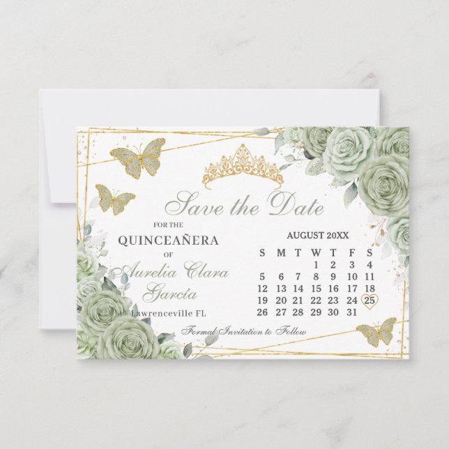 Sage Green Floral Quinceanera Sweet 16 Calendar Save The Date (Front)