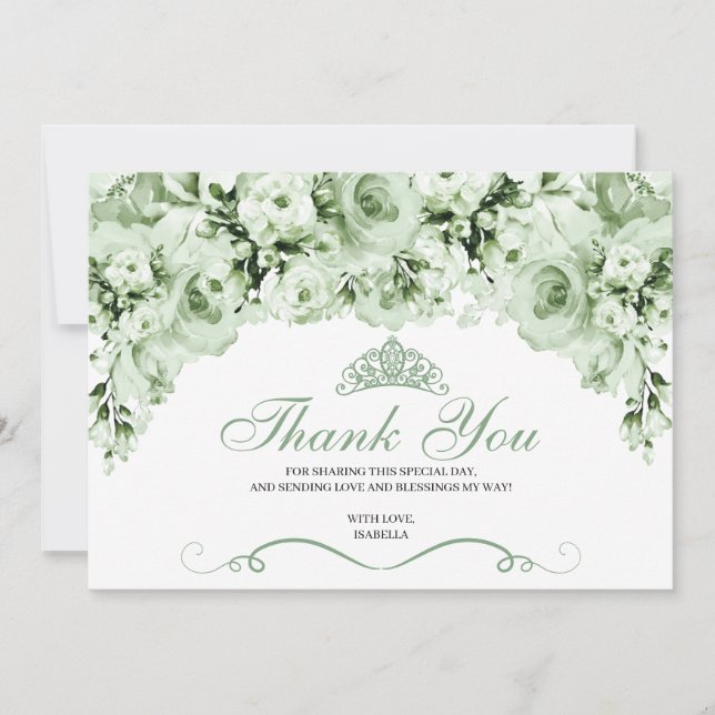 Sage Green Floral Quinceanera Thank You Card (Front)