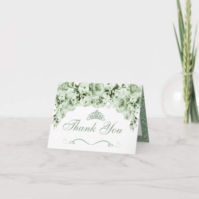 Sage Green Floral Quinceanera Thank You Card (Front)