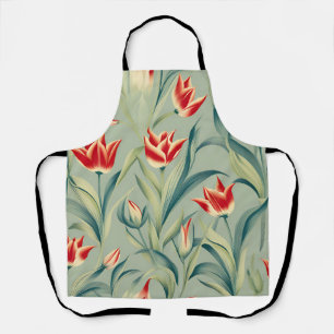 Sage Green Floral Red Tulips Apron