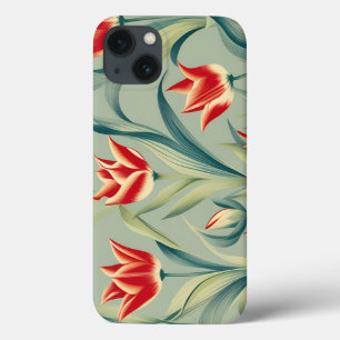 Sage Green Floral Red Tulips iPhone 13 Case