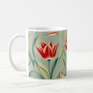 Sage Green Floral Red Tulips Coffee Mug