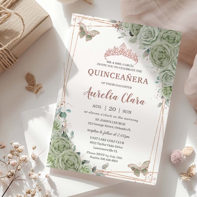 Sage Green Floral Rose Gold Quinceañera Birthday Invitation (Creator Uploaded)