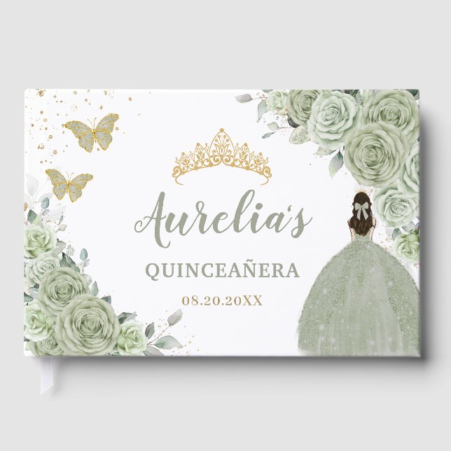Sage Green Floral Roses Princess Gold Quinceañera Guest Book (Front)