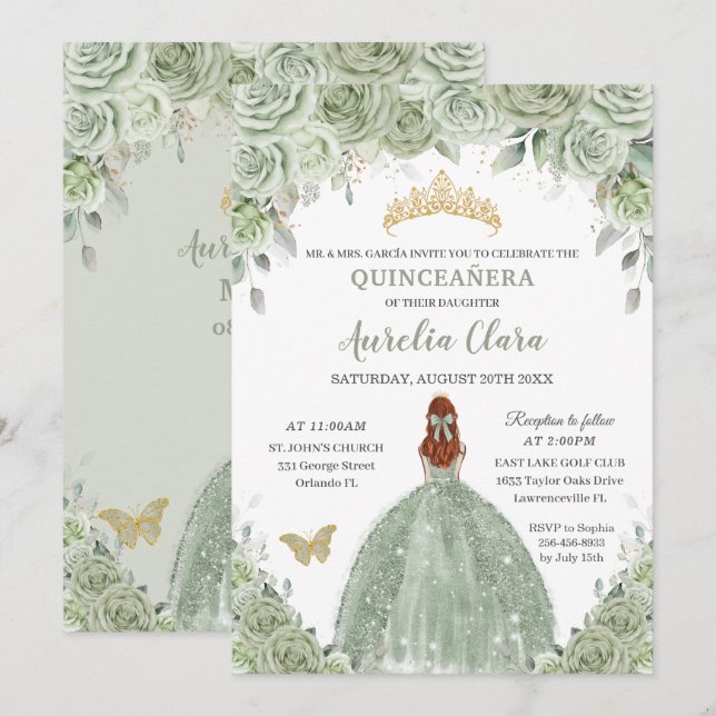 Sage Green Floral Roses Red Hair Girl Quinceañera Invitation (Front/Back)