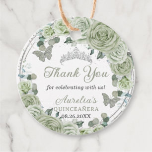 Sage Green Floral Roses Silver Tiara Butterflies Favour Tags