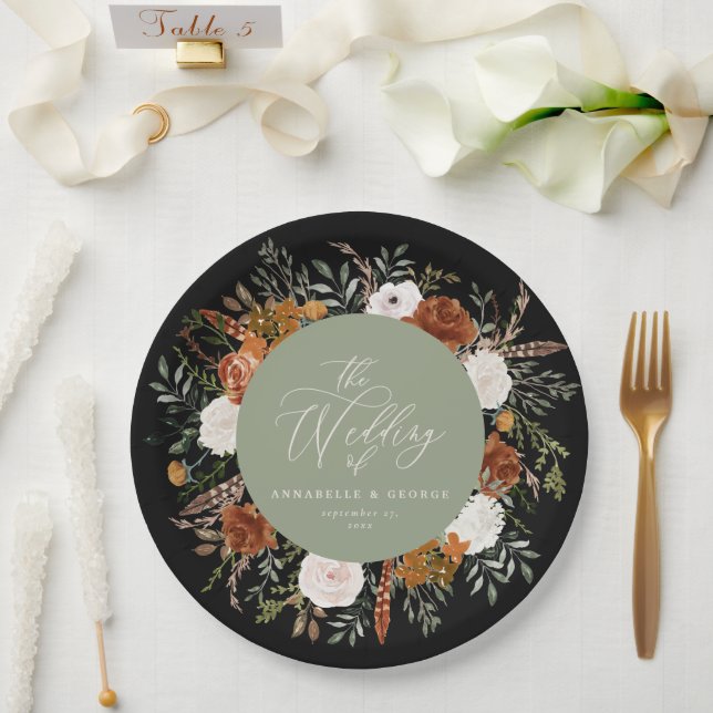 Sage green floral rustic elegant modern wedding paper plate (Wedding)