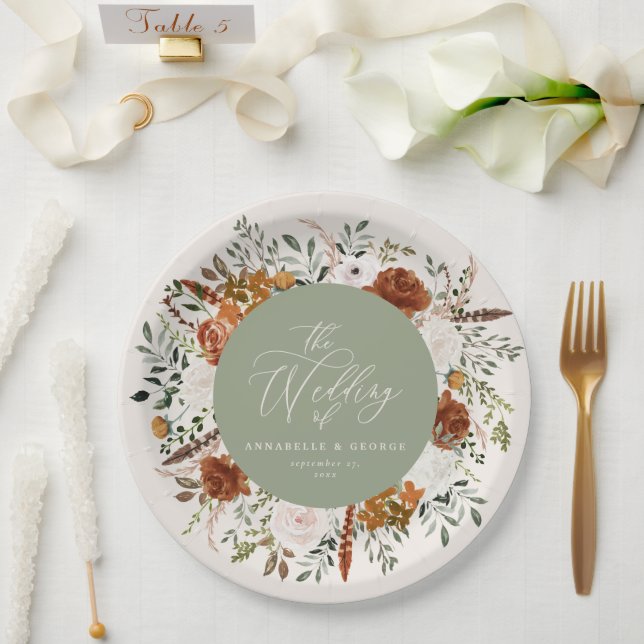 Sage green floral rustic elegant modern wedding paper plate (Wedding)