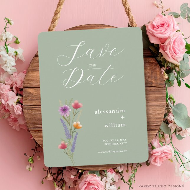 Sage Green Floral Save The Date Card (Card is shown in 4.25 x 5.5 inches card with round corners. Choose size, paper and corner style.)