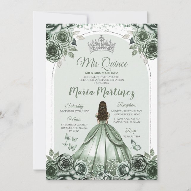 Sage Green Floral Silver Crown Princess Mis Quince Invitation (Front)