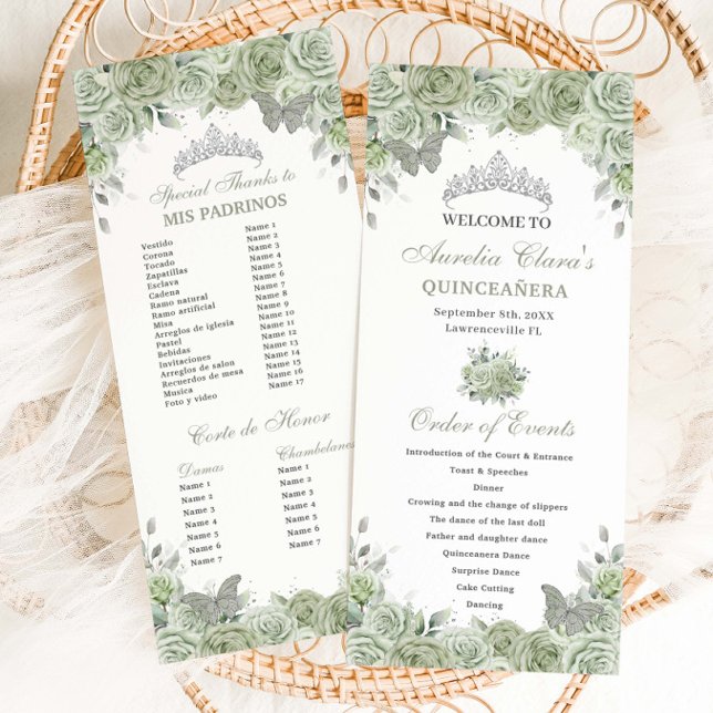 Sage Green Floral Silver Quinceañera Order Events Programme (sage green floral silver quinceanera order of events padrinos list court of honor slim cards)