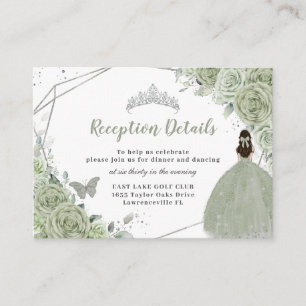 Sage Green Floral Silver Quinceañera Reception Enclosure Card