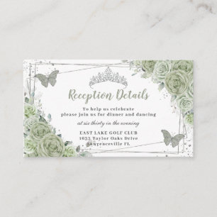 Sage Green Floral Silver Quinceañera Reception Enclosure Card