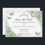 Sage Green Floral Silver Quinceanera Sweet Sixteen Save The Date<br><div class="desc">(c) The Happy Cat Studio</div>
