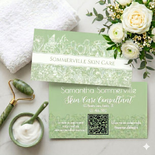 Sage Green Floral Skincare Consultant QR Code Business Card