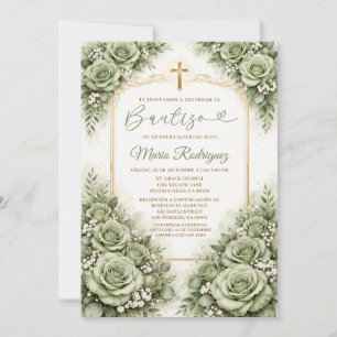 Sage Green Floral Spanish Baptism Religion Cross Invitation