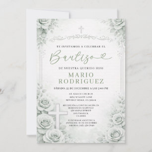 Sage Green Floral Spanish Baptism Religion Cross Invitation
