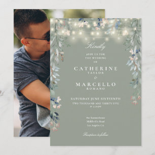 Sage Green Floral String Lights Photo Wedding Invitation