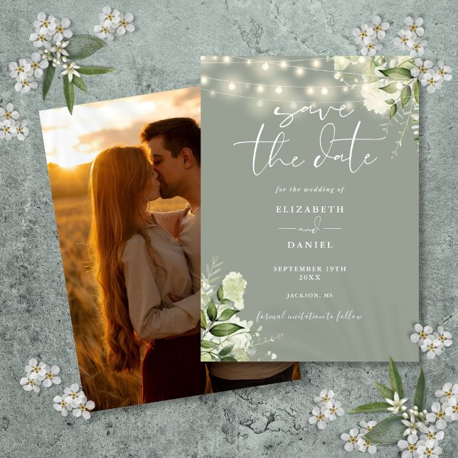 Sage Green Floral String Lights Photo Wedding Save The Date (Sage Green Floral String Lights Photo Wedding Save The Date)
