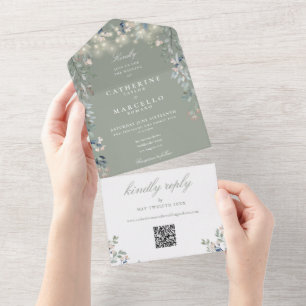 Sage Green Floral String Lights QR Code Wedding All In One Invitation