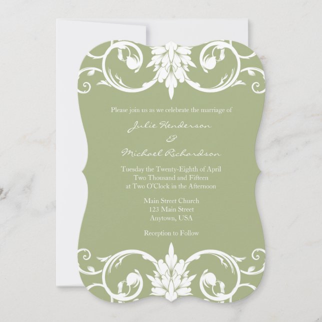 Sage Green Floral Swirl Bracket Wedding Invitation (Front)