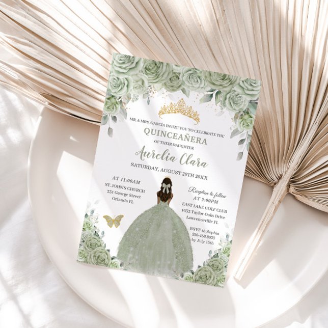 Sage Green Floral Tan Brown Princess Quinceañera  Invitation (Creator Uploaded)