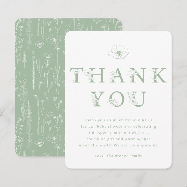 Sage Green Floral Thank You Card | Baby Shower (Front/Back)