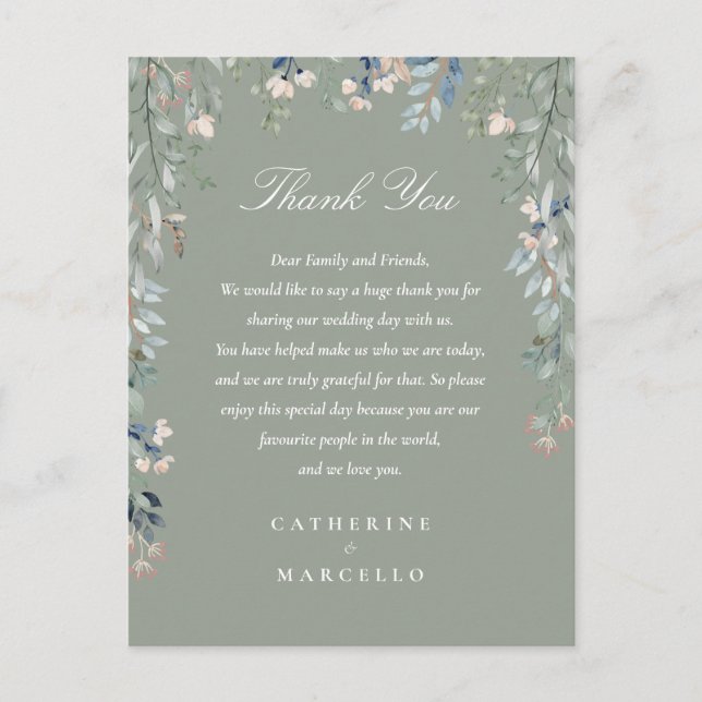 Sage Green Floral Thank You Wedding Place Card (Front)