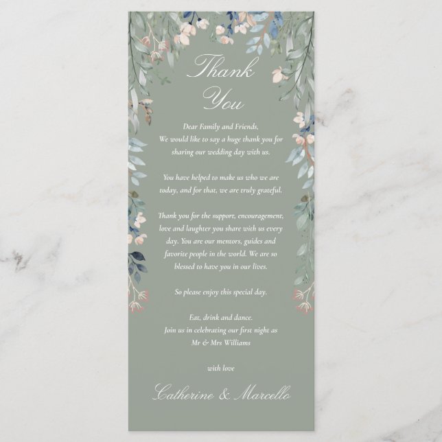 Sage Green Floral Thank You Wedding Place Card (Front)
