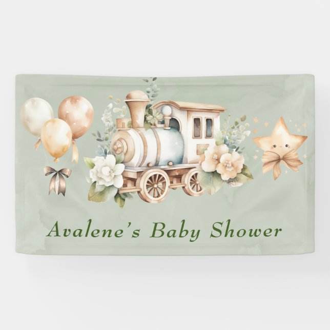 Sage Green Floral Train Boy Baby Shower Banner (Horizontal)
