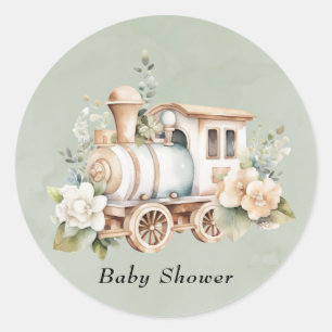 Sage Green Floral Train Boy Baby Shower Classic Round Sticker