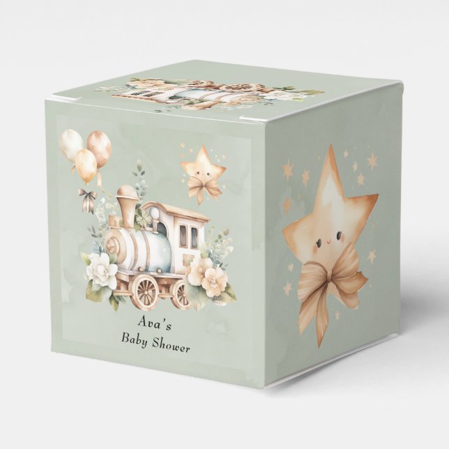 Sage Green Floral Train Boy Baby Shower Favour Box (Front Side)