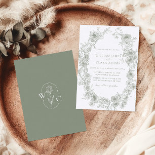 Sage Green Floral Vintage Botanical Wedding Invitation