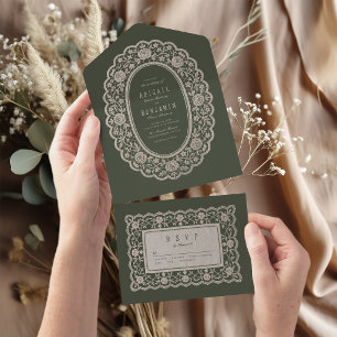 Sage Green Floral Vintage Lace Classic Wedding All In One Invitation
