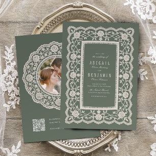 Sage Green Floral Vintage Lace Classic Wedding Invitation