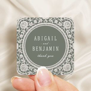 Sage Green Floral Vintage Lace Wedding Favours Square Sticker