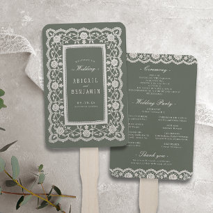 Sage Green Floral Vintage Lace Wedding Program Hand Fan