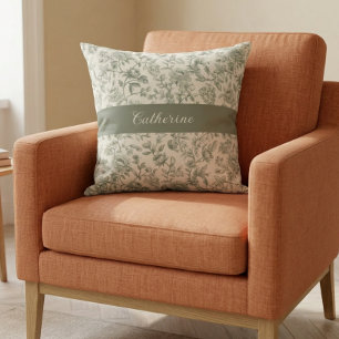 Sage Green Floral Vintage Toile Monogram Name Cushion